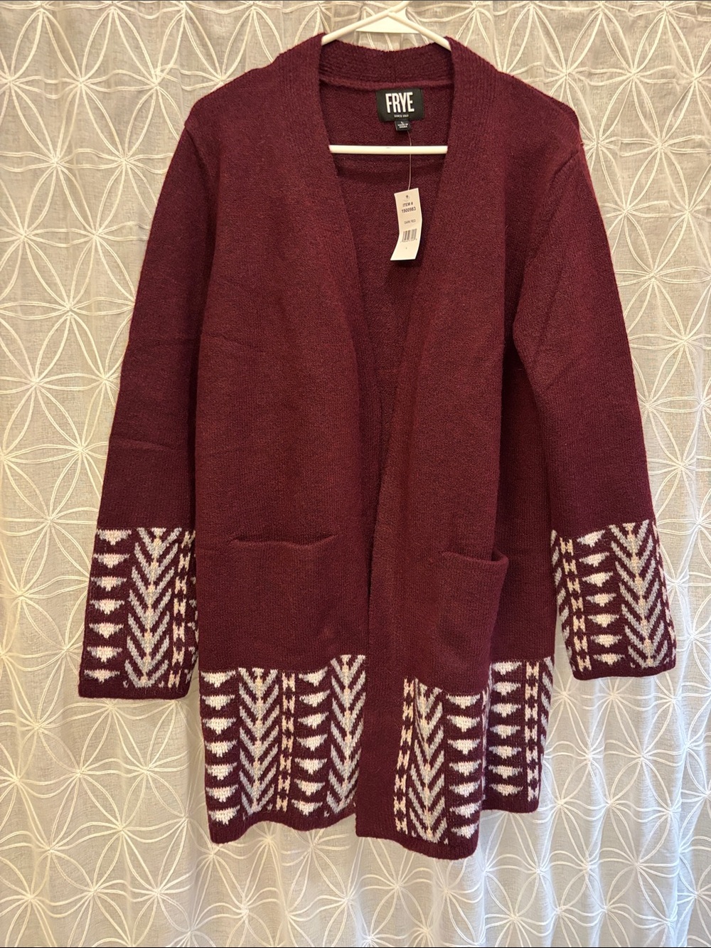 FRYE Burgundy Open-Front Cardigan with Cream Geometric Trim